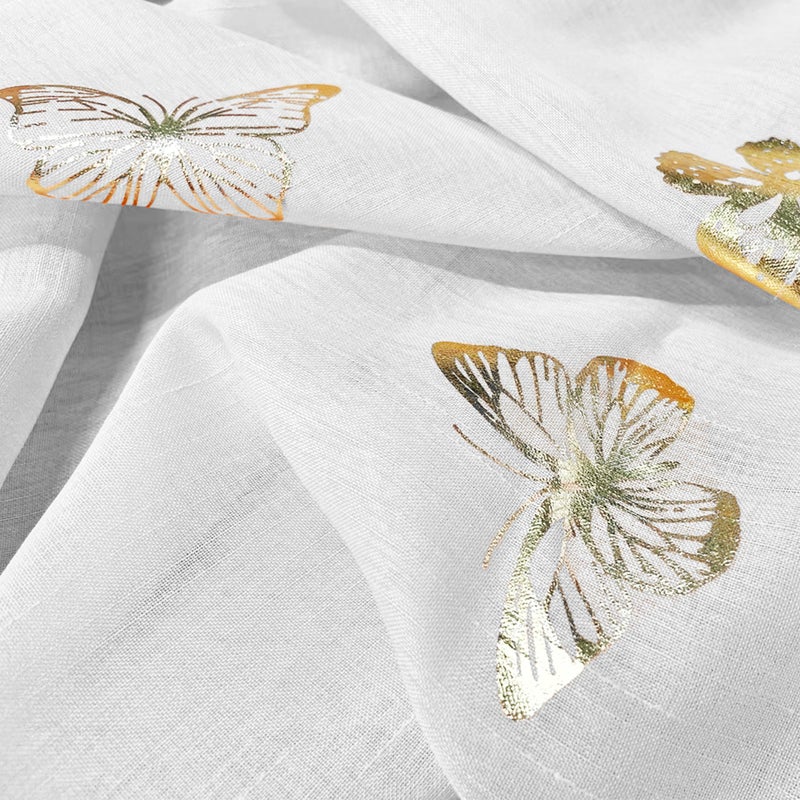 Jubilantex Butterfly White Sheer Curtain Panels for Kids Nursery Girl, Gold Print Toddler Linen Textured Voile Rustic Rod Pocket Drapes 63 Inch for Farmhouse, Living Room, Bedroom, 2 Panels - Image 3